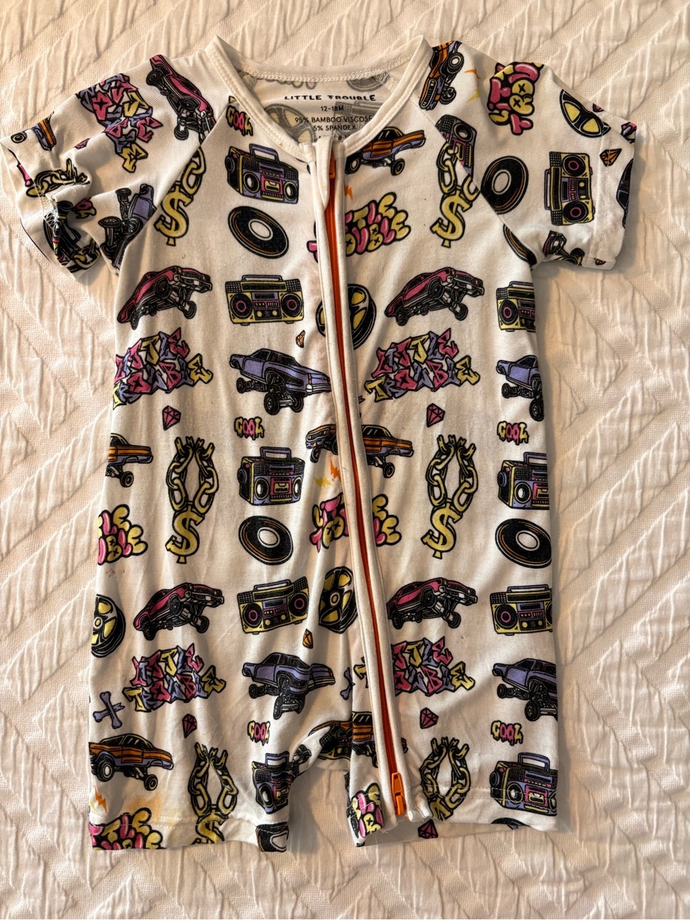 Little Trouble 90’s print shorty romper 12-18 month